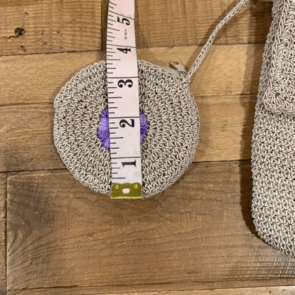 La Rue C/B Embroidered Crocheted Mini-Purse&Coin Purse Beige Purple 7-1/2x6-1/4